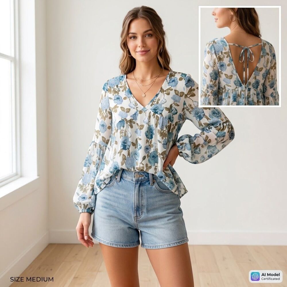 Mossimo Blue Floral Semi Sheer Babydoll Blouse Cottagecore Boho Chic Blue - M